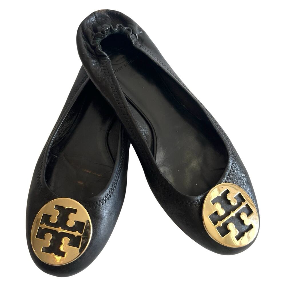 Tory Burch Ballet flats size 10 women’s shoes black leather gold logo Some Wear
